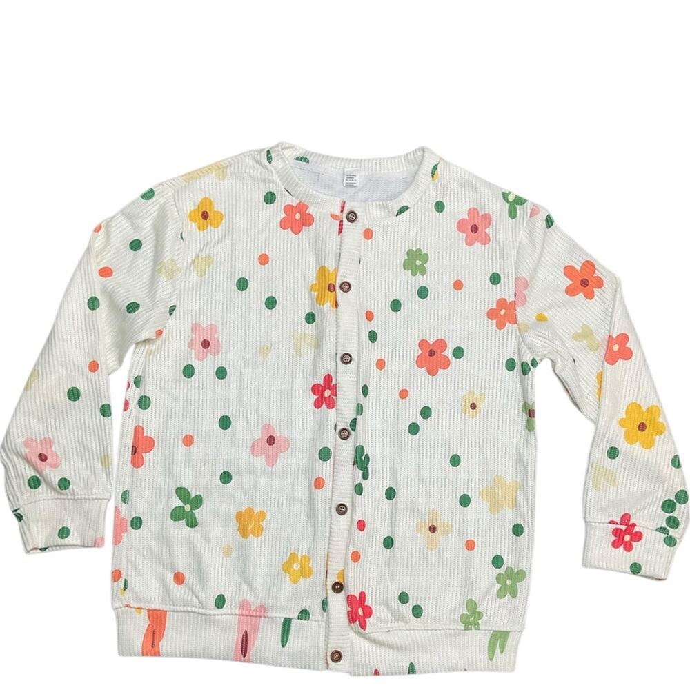 Women’s Floral Dot Button-Up White Cardigan Multicolor Size Large NEW in package